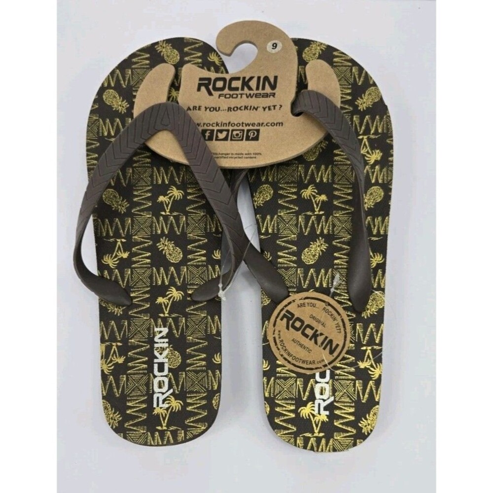 Rockin Footwear - Beach Vacation Flip Flops - Gold Pineapples - Mens Sz 9